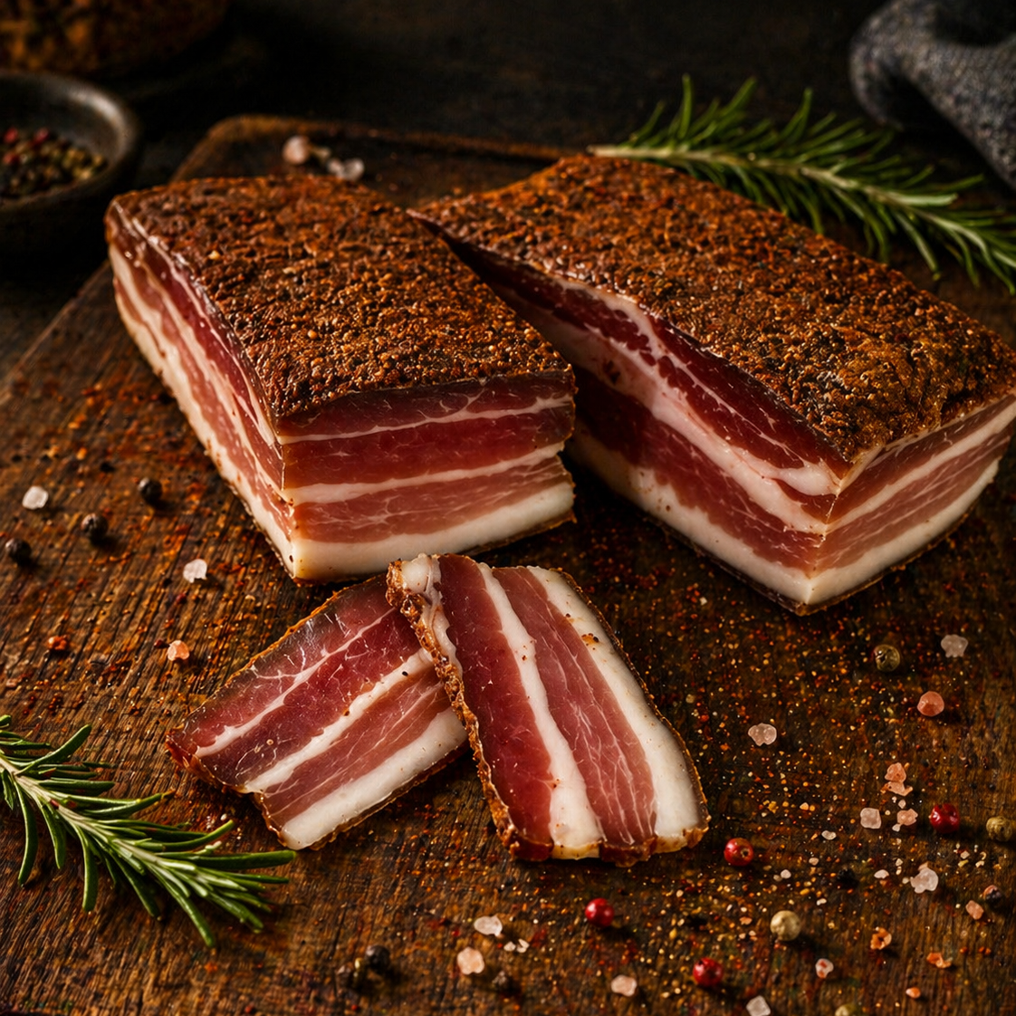 Handcrafted dry cured pork belly coated in spices, thick slices showing layers of meat and fat on rustic board