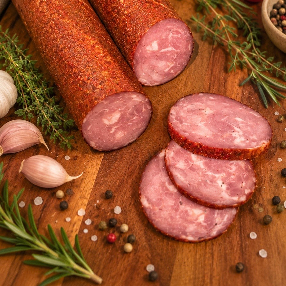 Paprika-crusted pork sausage with three slices on a wooden board, photographed from above.