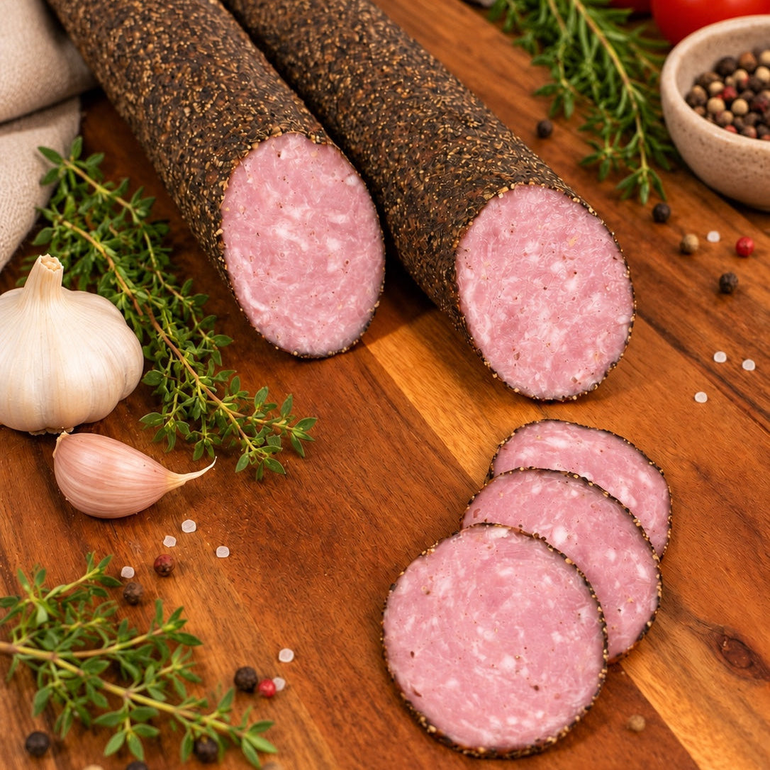 Pepper-crusted pork sausage with three slices on a wooden serving board