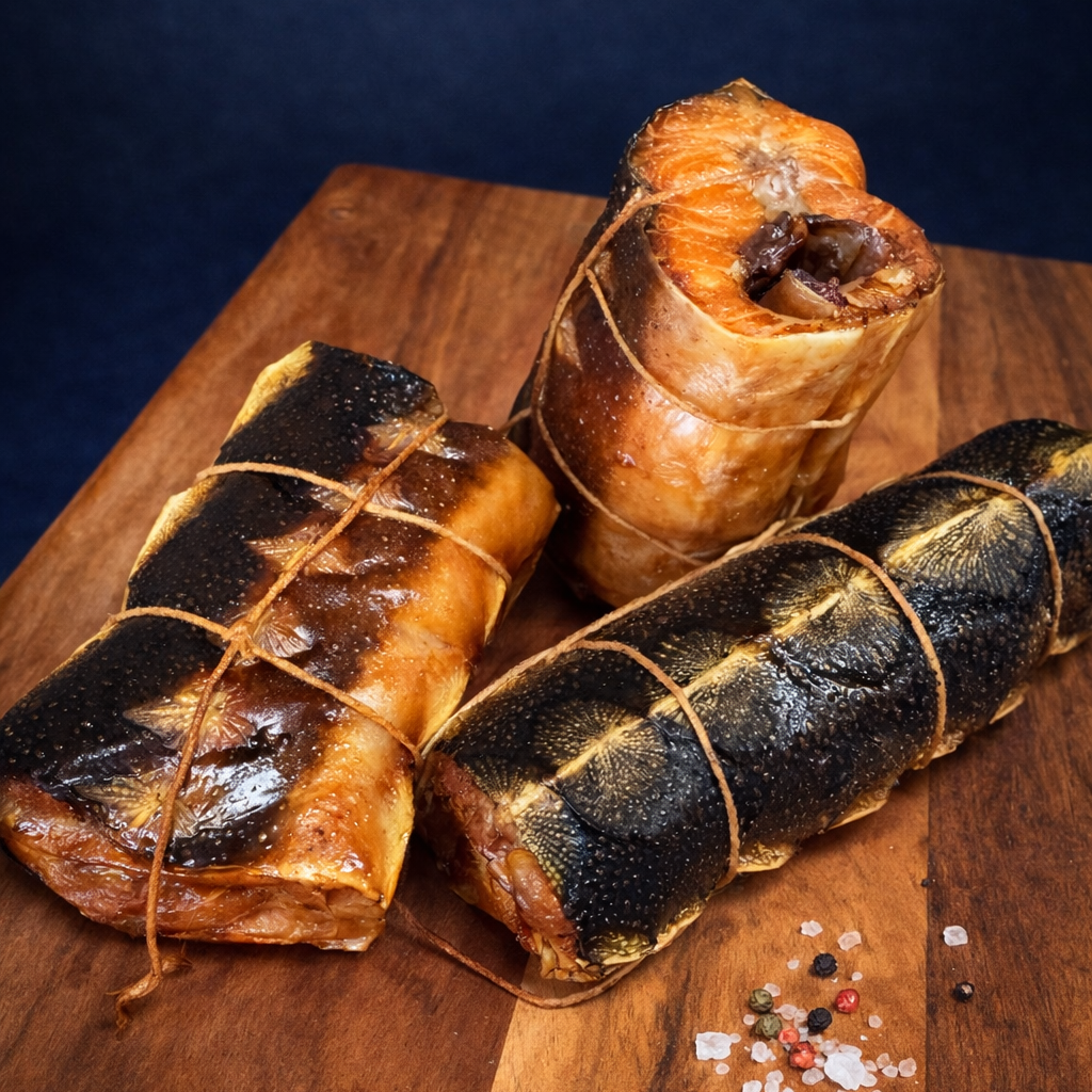 Three smoked sturgeon rolls with glossy skin tied with twine on a rustic wooden board