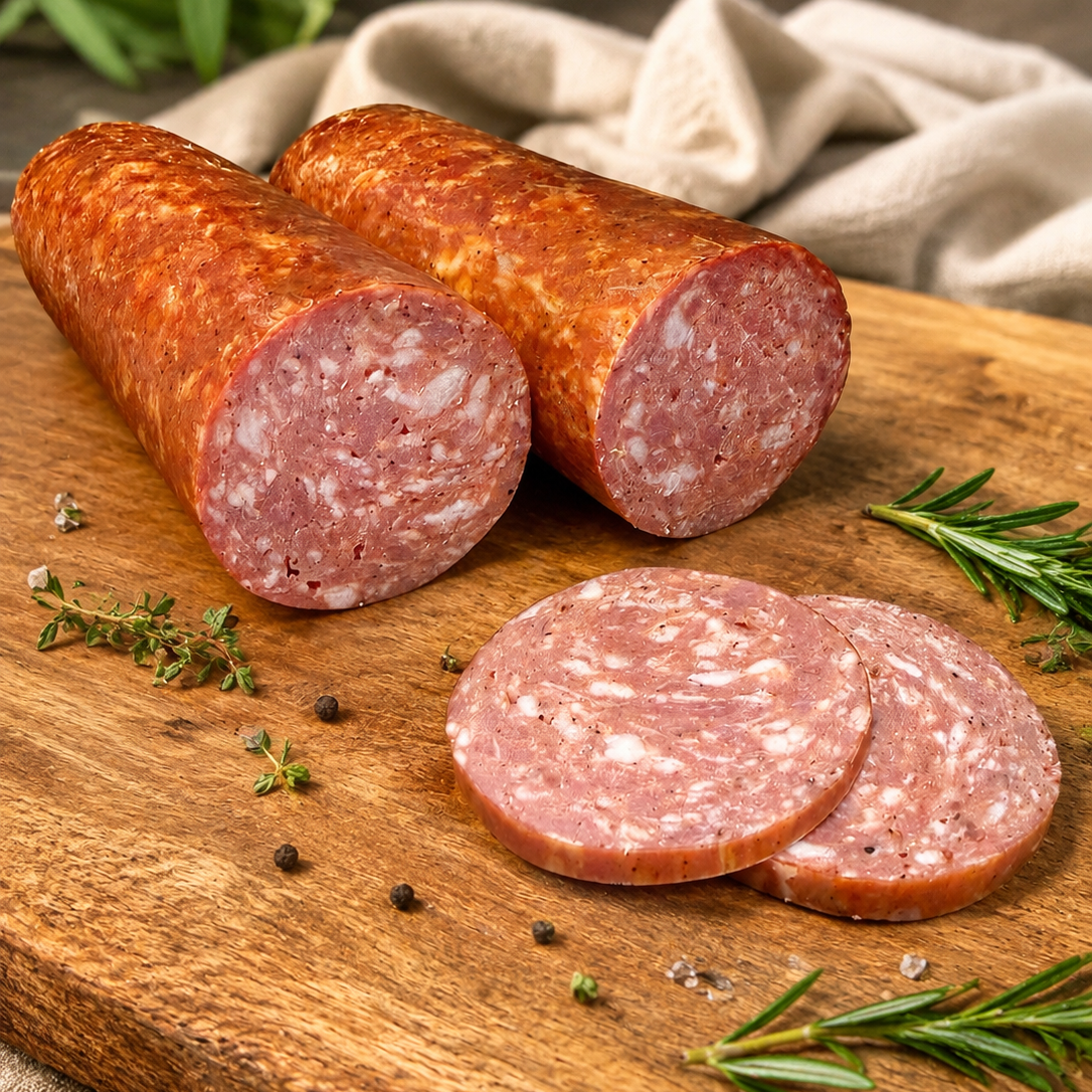 Servelat-style smoked sausage on a rustic wooden board with rosemary and herbs.