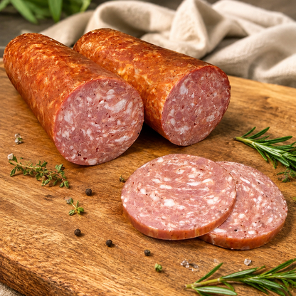 Servelat-style smoked sausage on a rustic wooden board with rosemary and herbs.