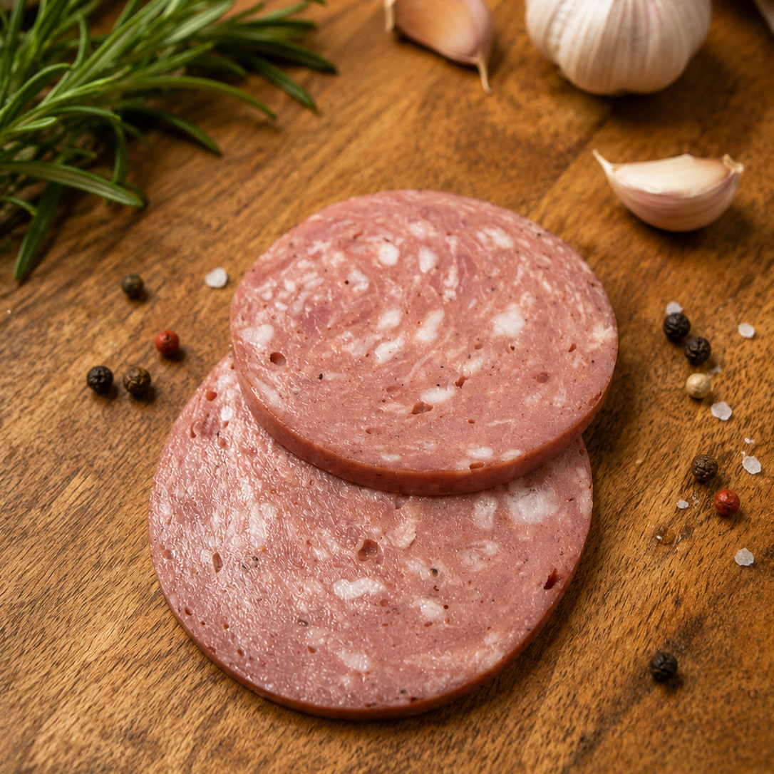 Servelat-style smoked sausage slices on a rustic wooden board with garlic, rosemary, and peppercorns.