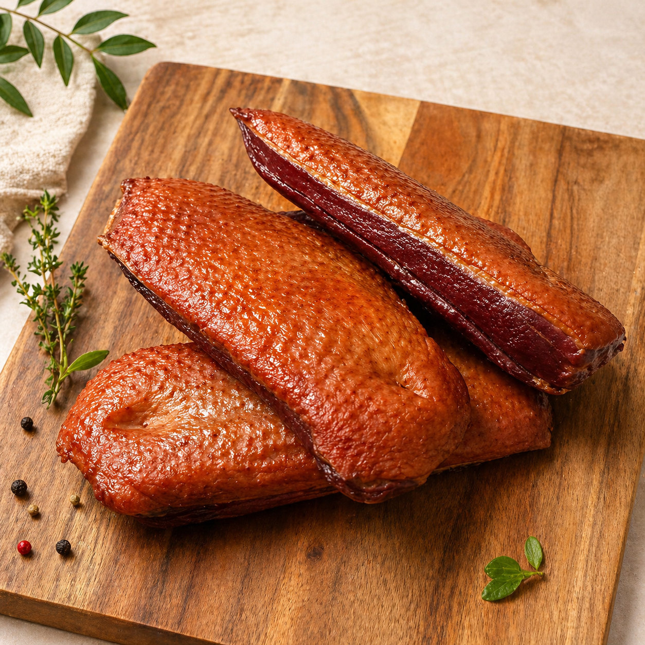 Smoked duck breast fillet on wooden board