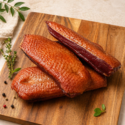 Smoked duck breast fillet on wooden board