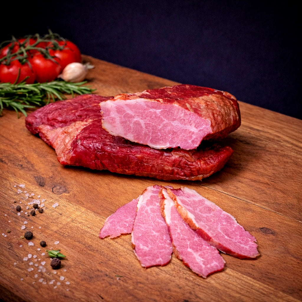 Close-up of smoked beef rib cuts with sliced pieces showing tender interior and smoky crust