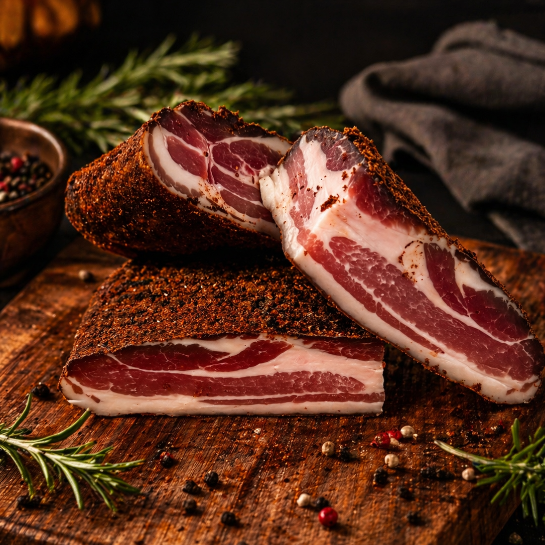 Dry cured pork belly basturma style with rich marbling and spice crust, sliced cross-section on wooden board