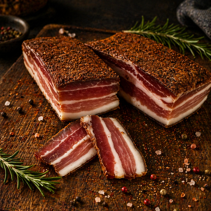Handcrafted dry cured pork belly coated in spices, thick slices showing layers of meat and fat on rustic board
