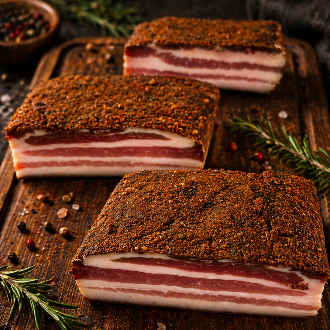 Artisan basturma-style pork belly slabs with aromatic spice crust, layered fat and meat, served on wooden board