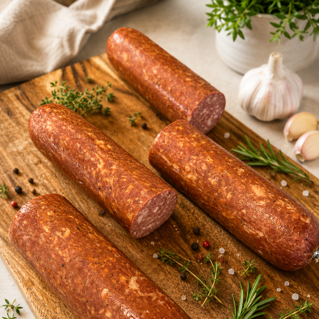 Servelat-style smoked sausage sticks on a wooden board, naturally smoked European-style deli sausage.