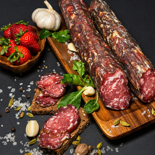 Coarse Dry Cured Pork Sausage whole and sliced on wooden board