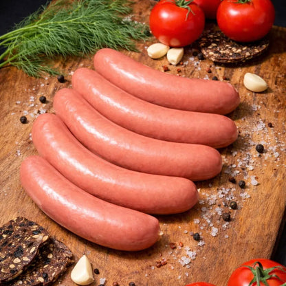 European-Style Pork Sausages whole links on wooden board – Ukrainian Smokehouse