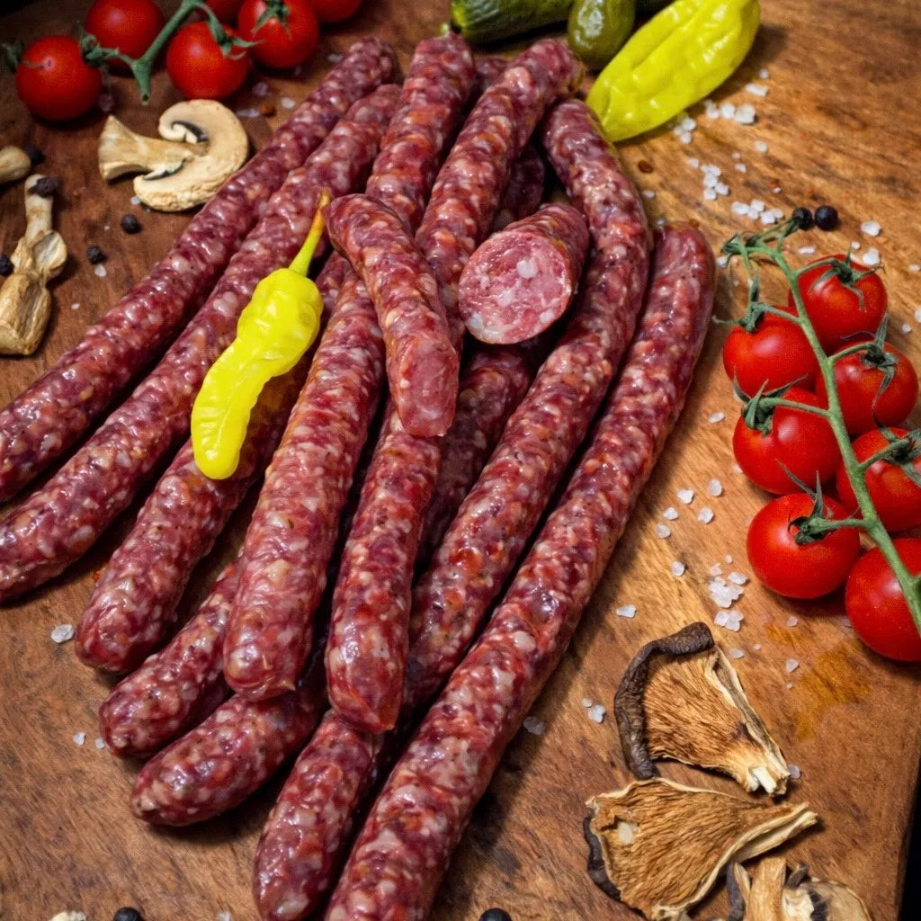 Hunter's Style Sausages whole sticks and sliced cross section – Ukrainian Smokehouse