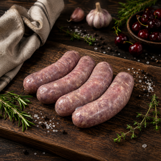 Raw duck breast grill sausages on a rustic wooden cutting board in warm natural lighting, premium artisanal butcher-style food photography for gourmet online meat shop.