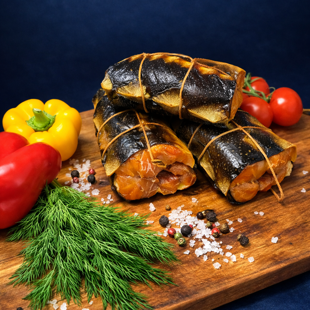 Smoked sturgeon rolls tied with twine on a wooden board with dill, tomatoes, and bell peppers