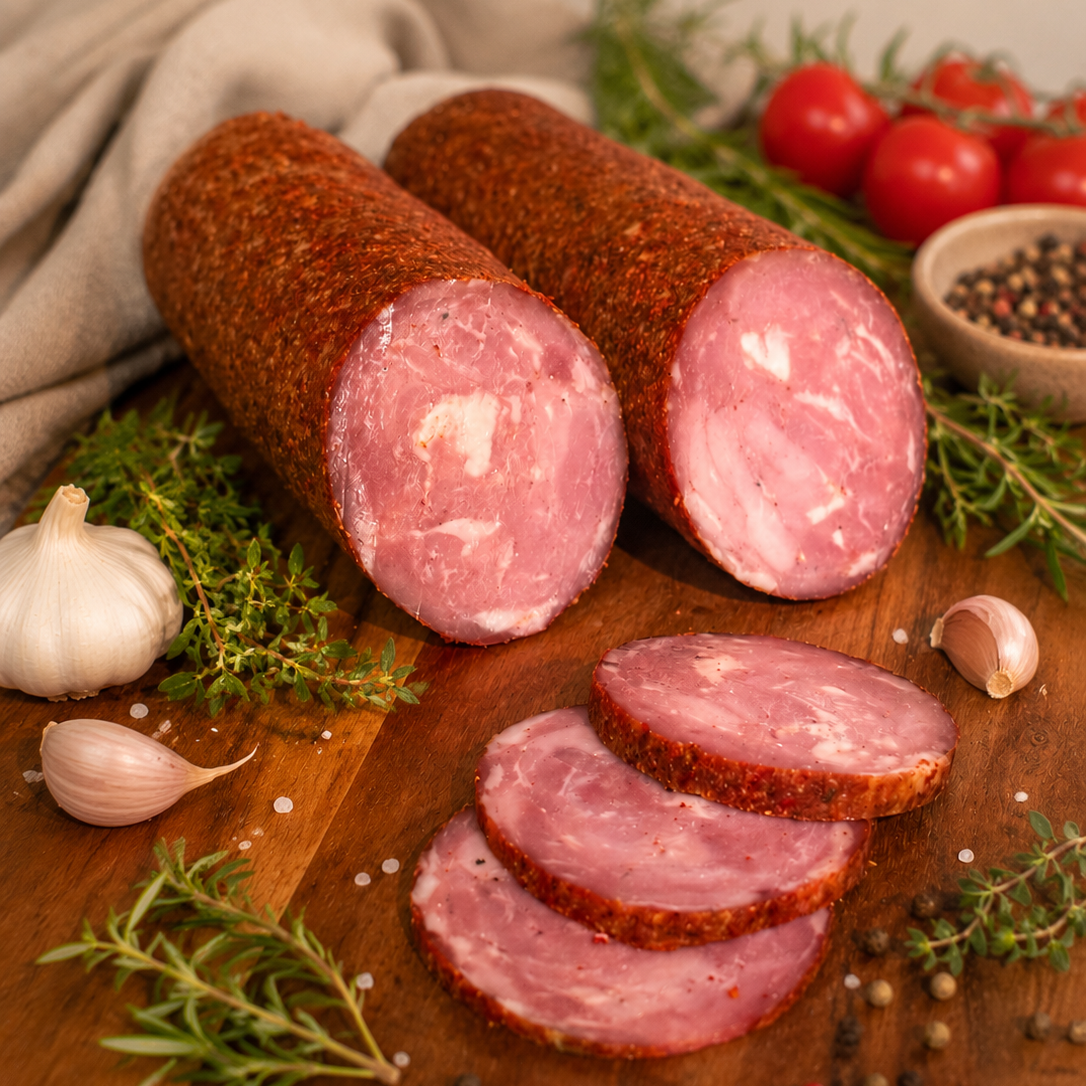 Paprika-crusted pork sausage, cut to show the inside, with three slices on a wooden board.