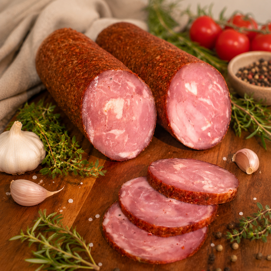 Paprika-crusted pork sausage, cut to show the inside, with three slices on a wooden board.