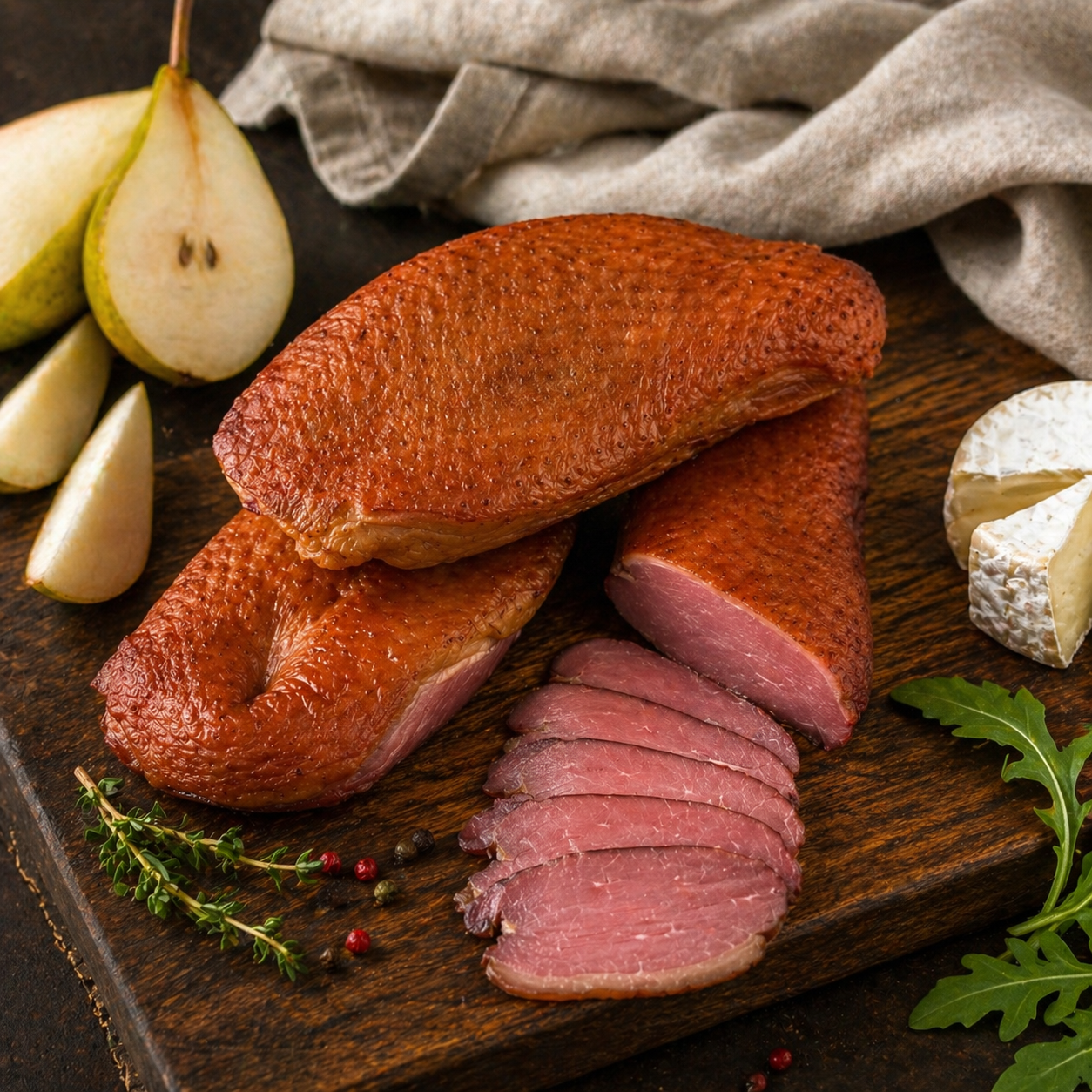 Sliced smoked duck breast fillet close-up