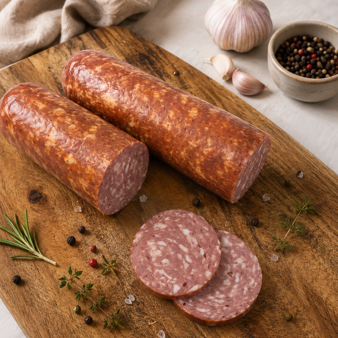 Servelat-style smoked sausage with sliced pieces on a rustic wooden serving board.